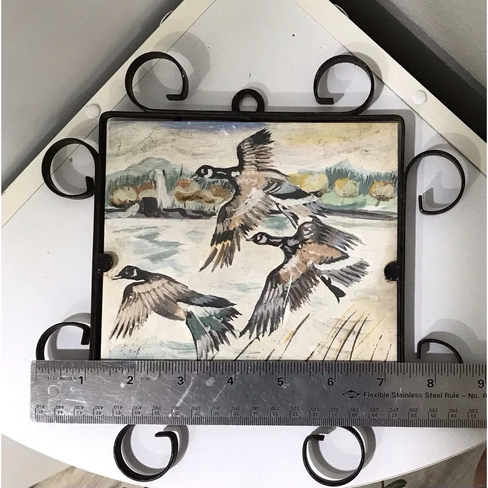 Vintage Geese Birds Tile Trivet Plaque Hand Paint Metal Scroll Frame Cabin Core